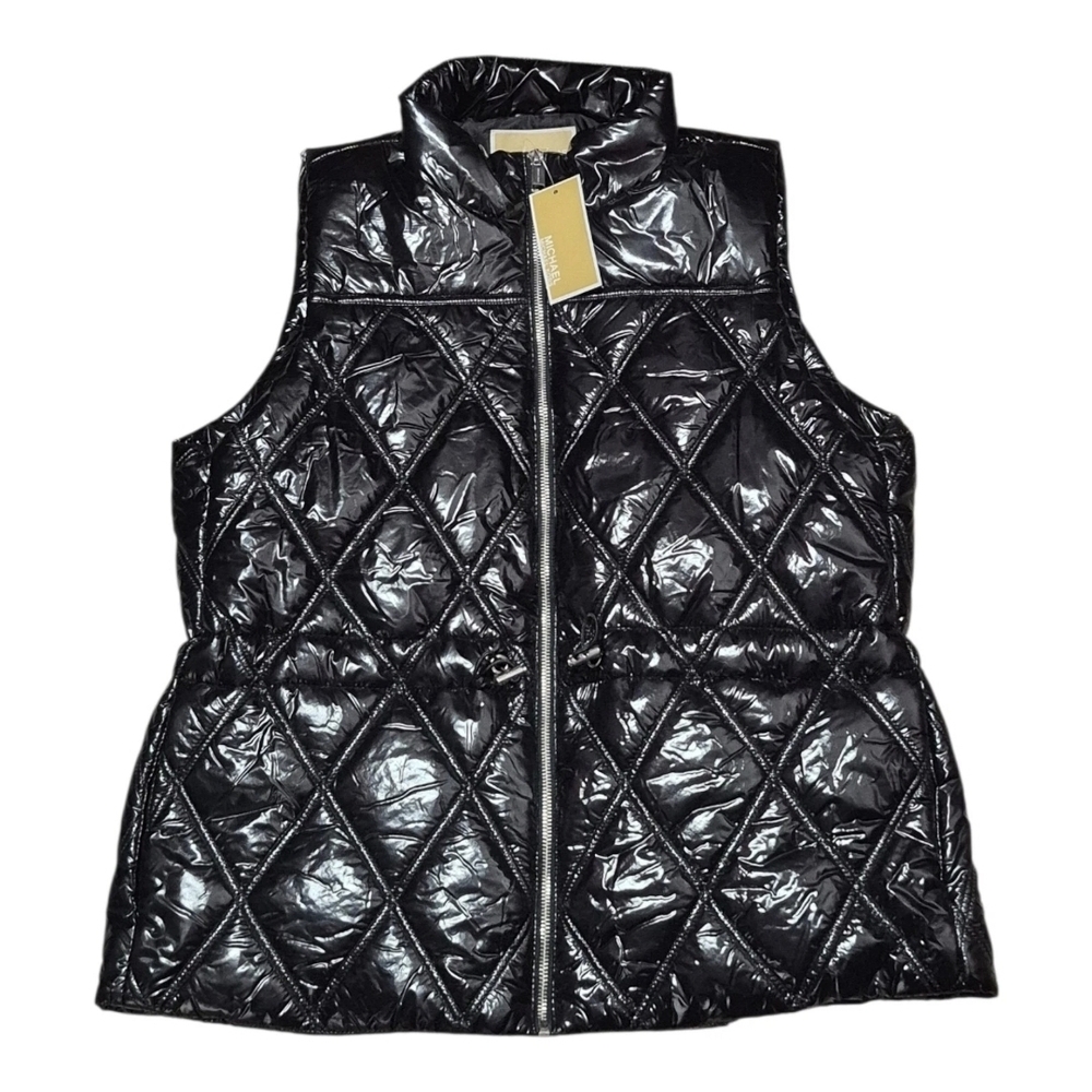 Michael Kors Vest Women's L  Large Shiny  Black Puffer Zip NWT NEW